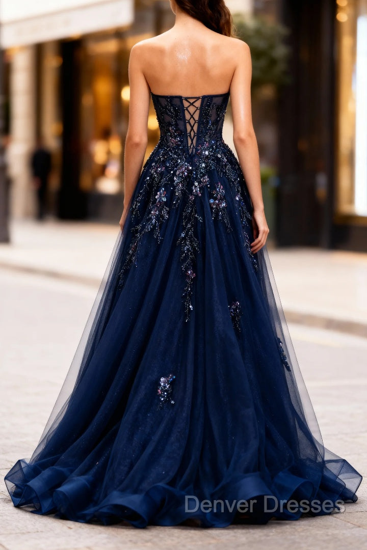 Sparkly Navy Blue Corset Sweetheart Long Prom Dress with Appliques Secondary image