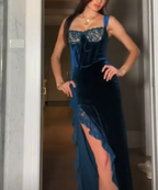 Sexy Slit Velvet Lace Long Prom Dress Evening Dress