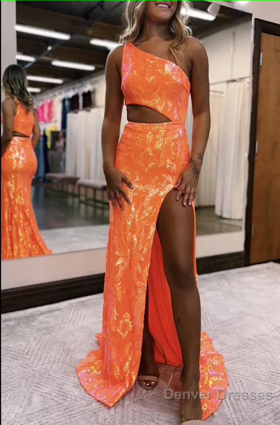 Sparkly Orange Sequin One Shoulder Long Prom Dress with Slit Main image