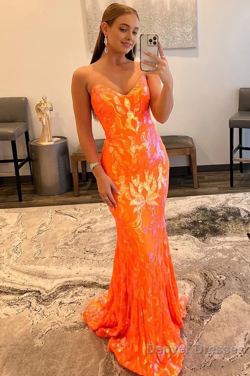 Sparkly Orange Sequin Sweetheart Lace-Up Back Long Prom Dress Main image