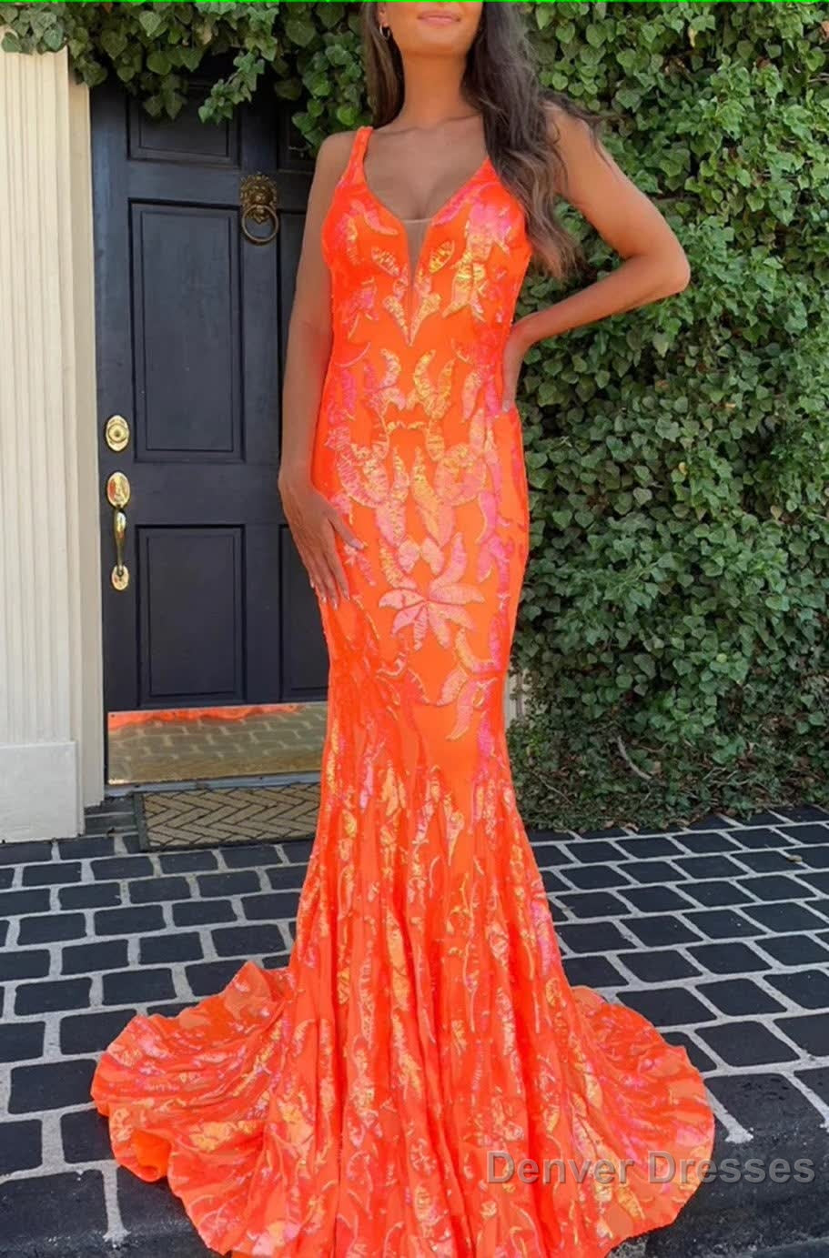 Sparkly Orange Sequin V-Neck Mermaid Long Prom Dress Main image