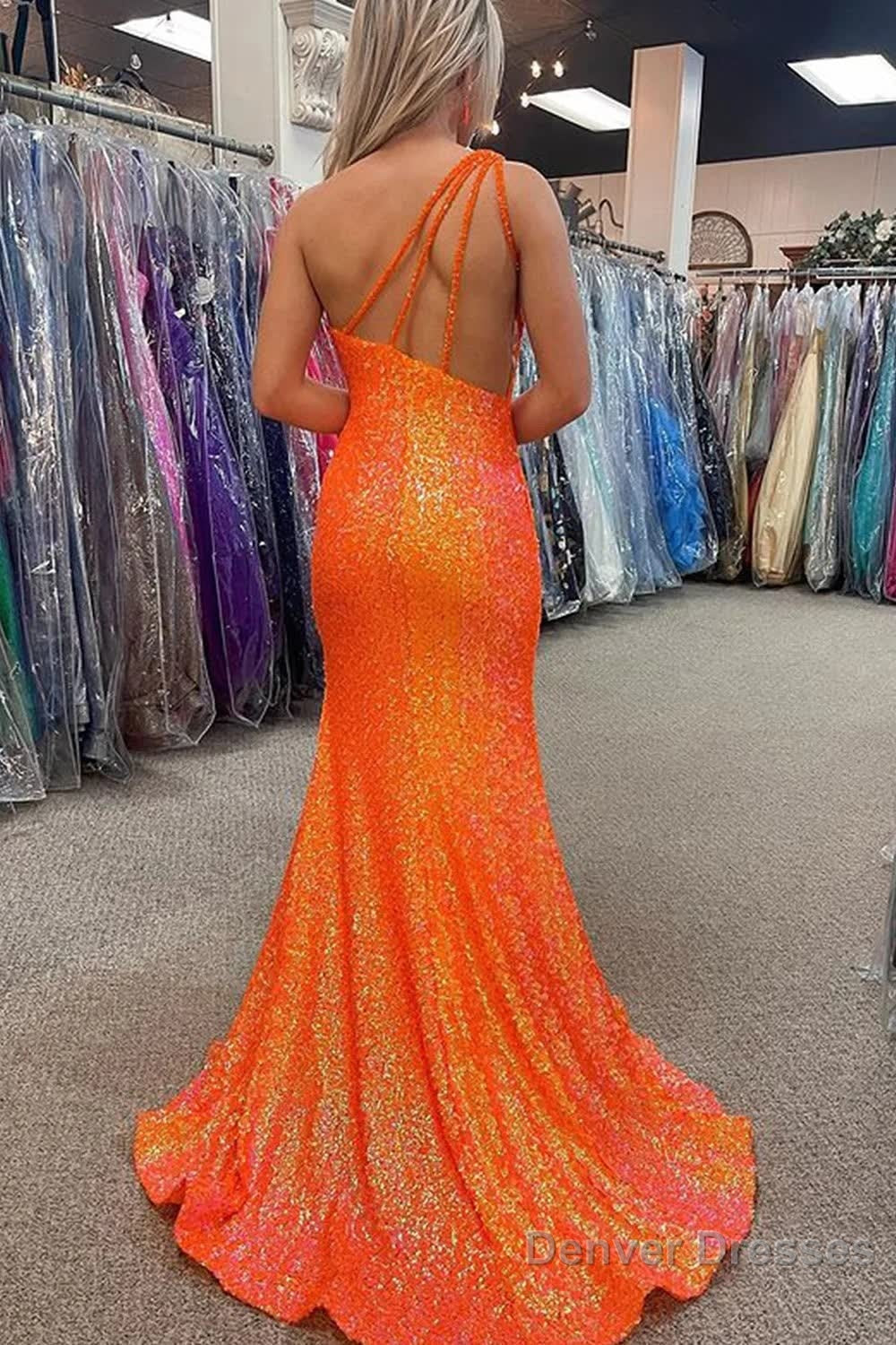 Sparkly Orange Sequins One Shoulder Mermaid Long Prom Dress with Fringes Secondary image
