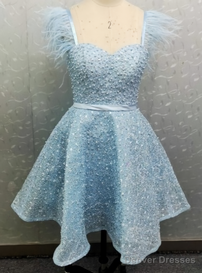 Sparkly Pink Beads Straps Homecoming Dress With Feather Main image