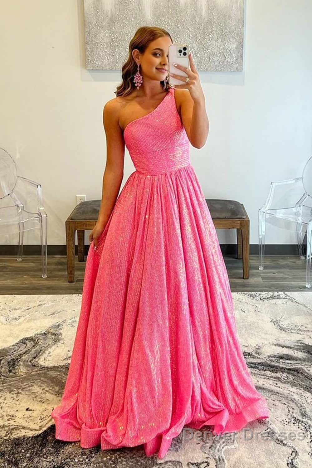 Sparkly Pink One Shoulder A Line Sequins Prom Dress Main image