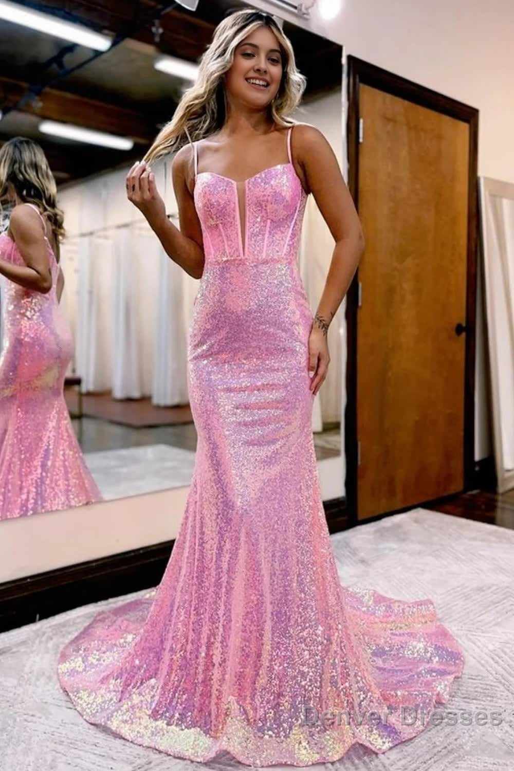 Sparkly Pink Sequin Long Mermaid Corset Prom Dress