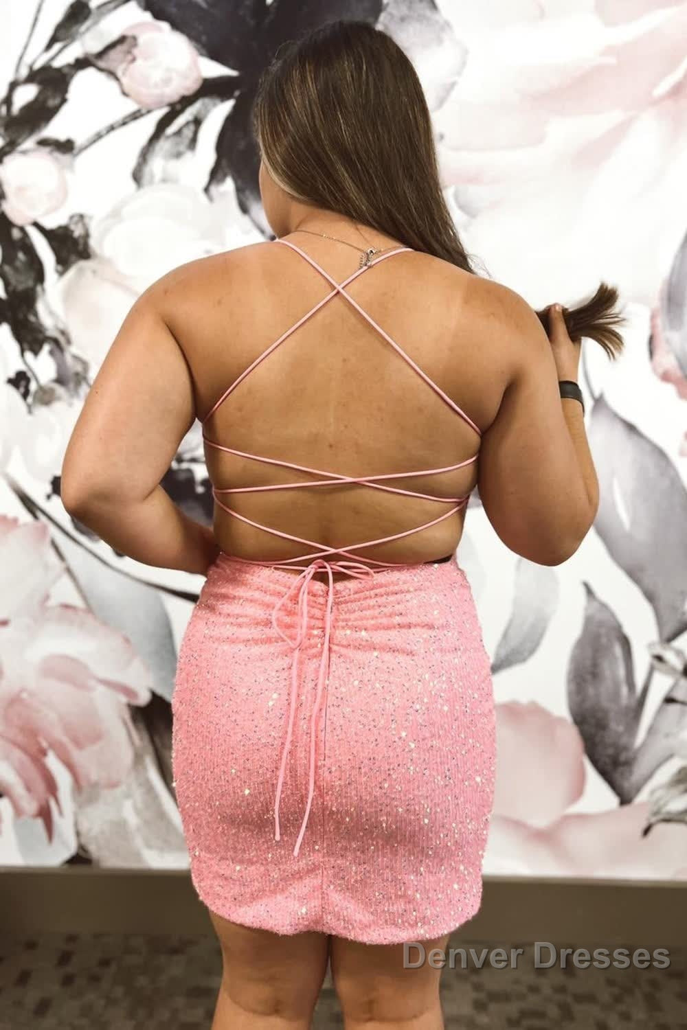 Sparkly Plus Size Halter Pink Sequins Short Prom Dress Secondary image