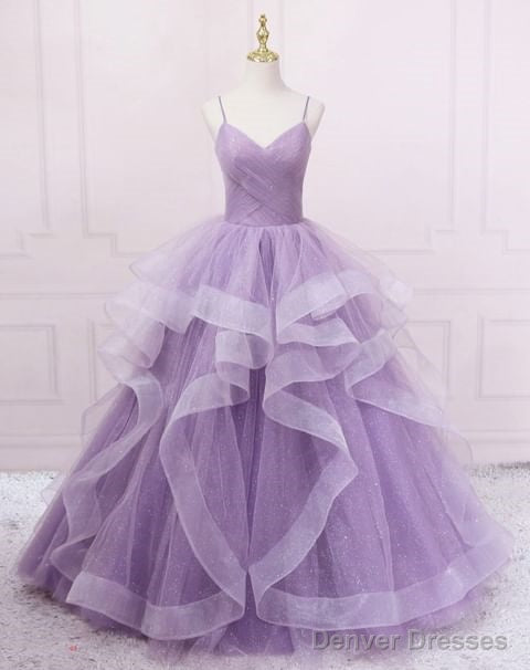 Sparkly Purple Evening Dresses Spaghetti Straps A Line Tulle Prom Dresses Main image
