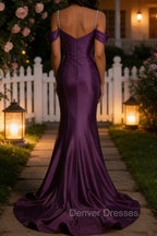 Sparkly Purple Mermaid Cold Shoulder Sequined Ruched Satin Long Prom Dress