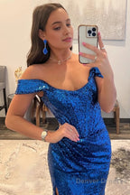 Sparkly Purple Off the Shoulder Mermaid Prom Dress with Slit