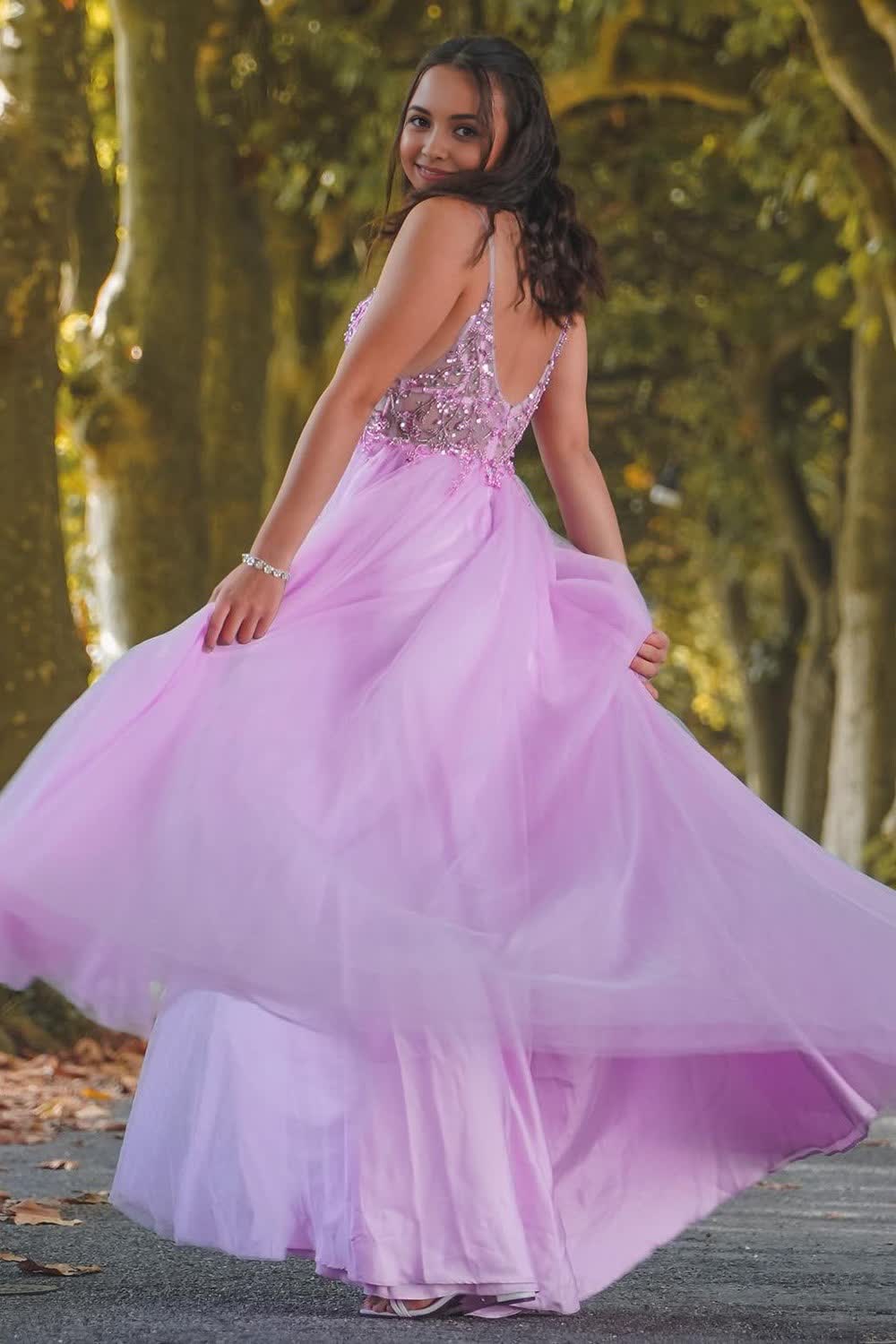 Sparkly Purple Spaghetti Straps Beaded Long Prom Dress with Slit Secondary image