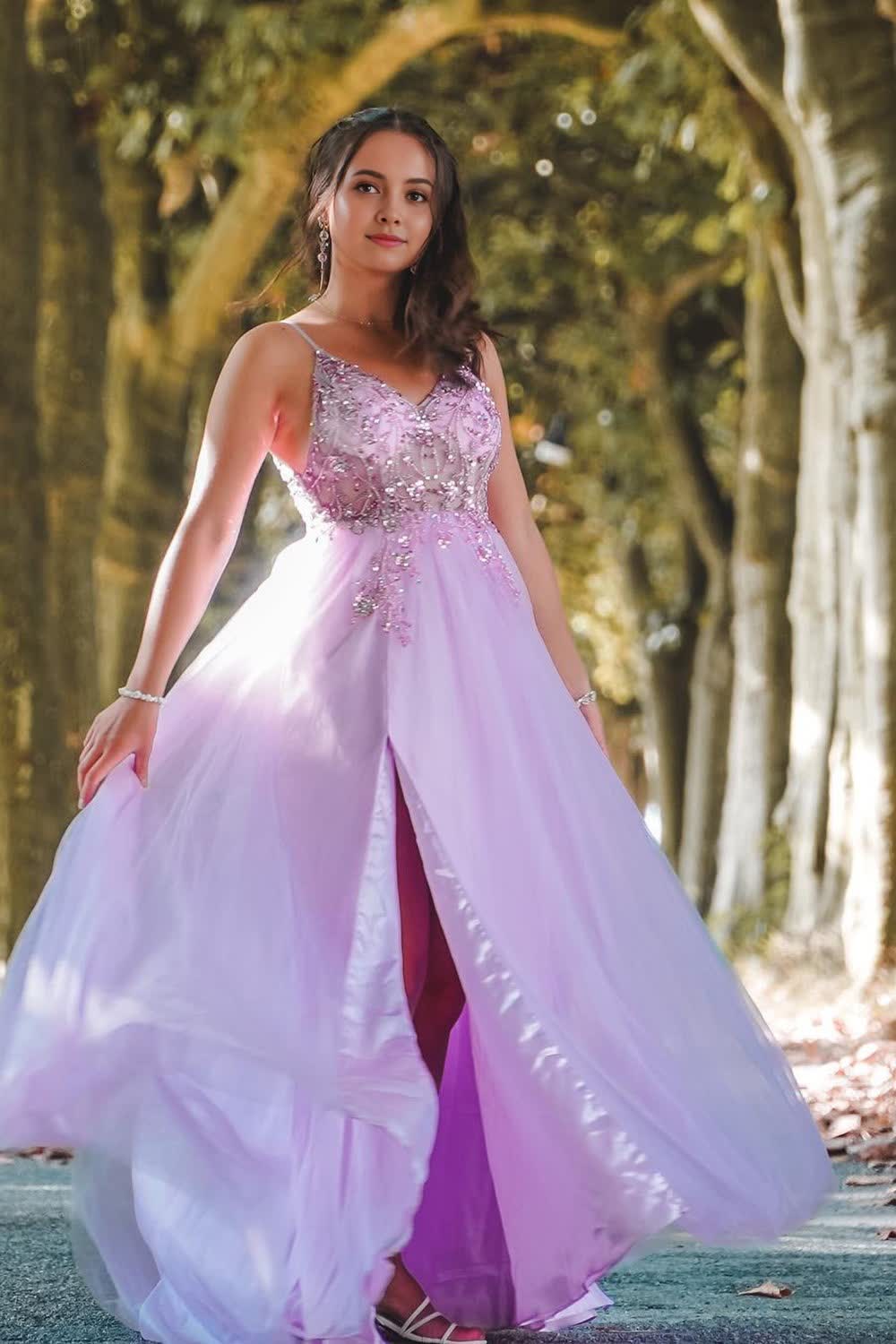 Sparkly Purple Spaghetti Straps Beaded Long Prom Dress with Slit Main image