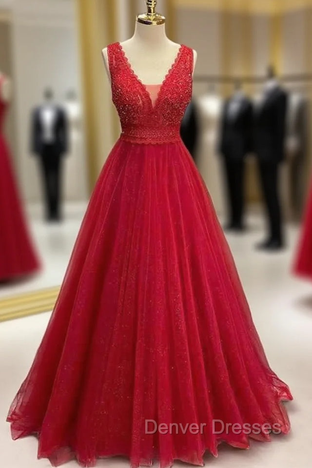Sparkly Red Prom Dress, A-line Princess V Neck Long/Floor-Length Tulle Prom Dress With Appliqued Beading Glitter
