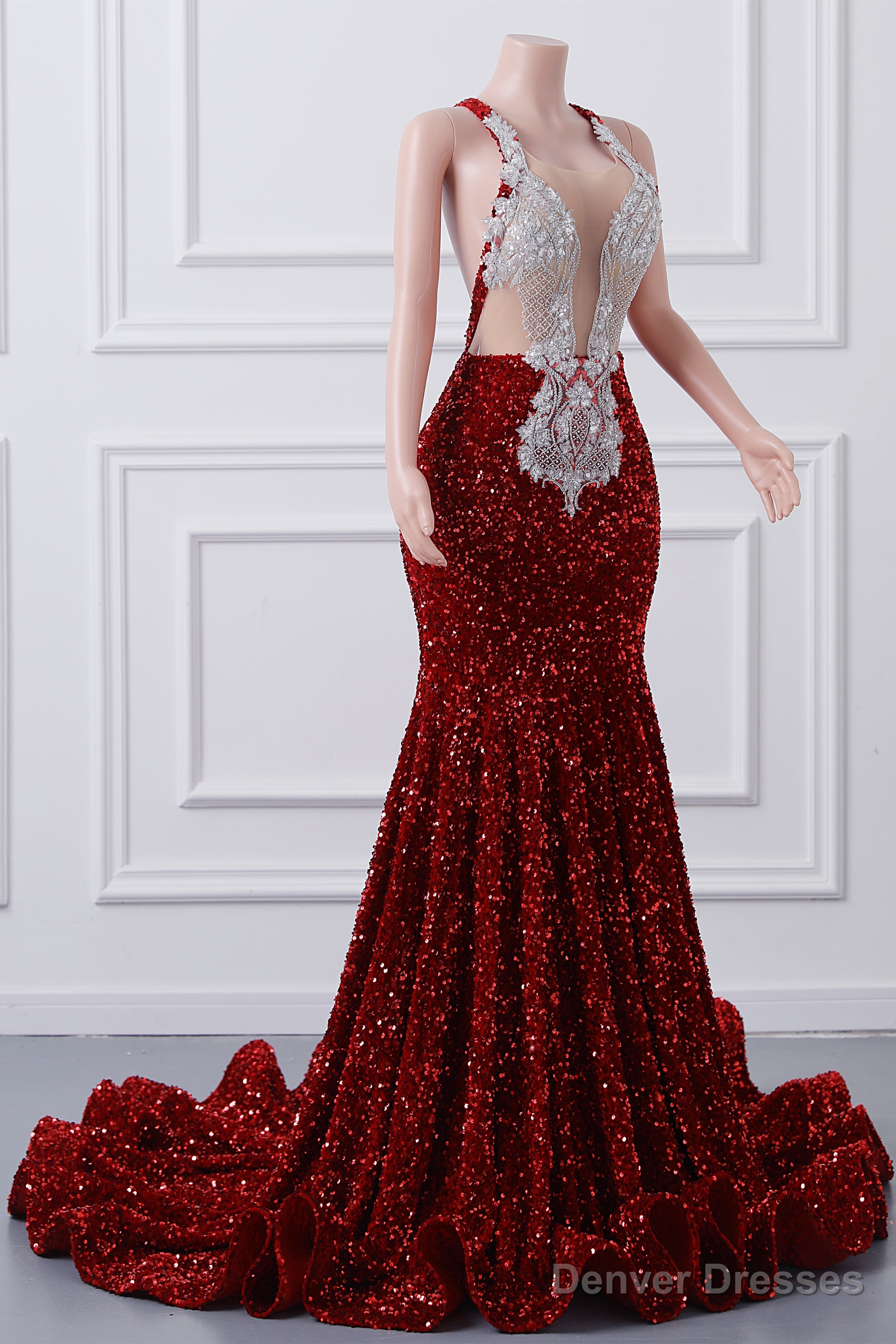 Sparkly Red Sequin Mermaid Prom Dresses Luxury Silver Crystal Beaded Sheer Neck Long Formal Party Evening Gowns for Black Girls Secondary image