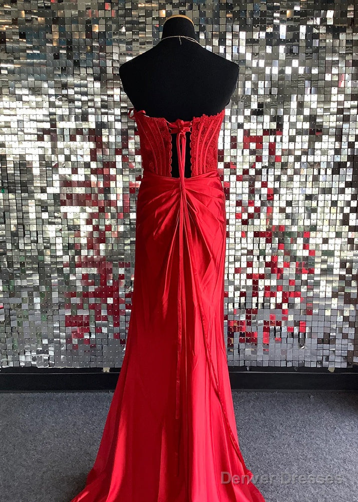 Red Sheath Strapless Corset Satin Prom Dress with Slit Secondary image