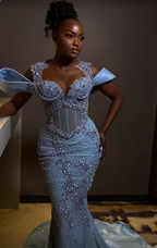 Sparkly Rhinestones Blue Mermaid Long Prom Dress Evening Dress