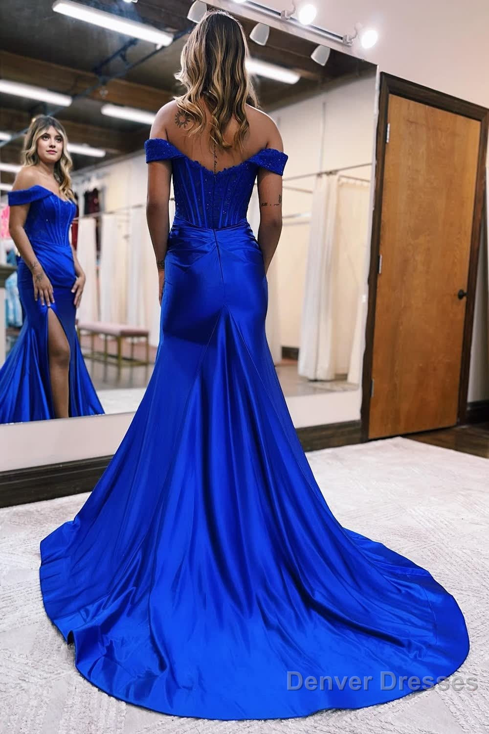 Sparkly Royal Blue Corset Detachable Neck Mermaid Long Prom Dress with Slit Secondary image