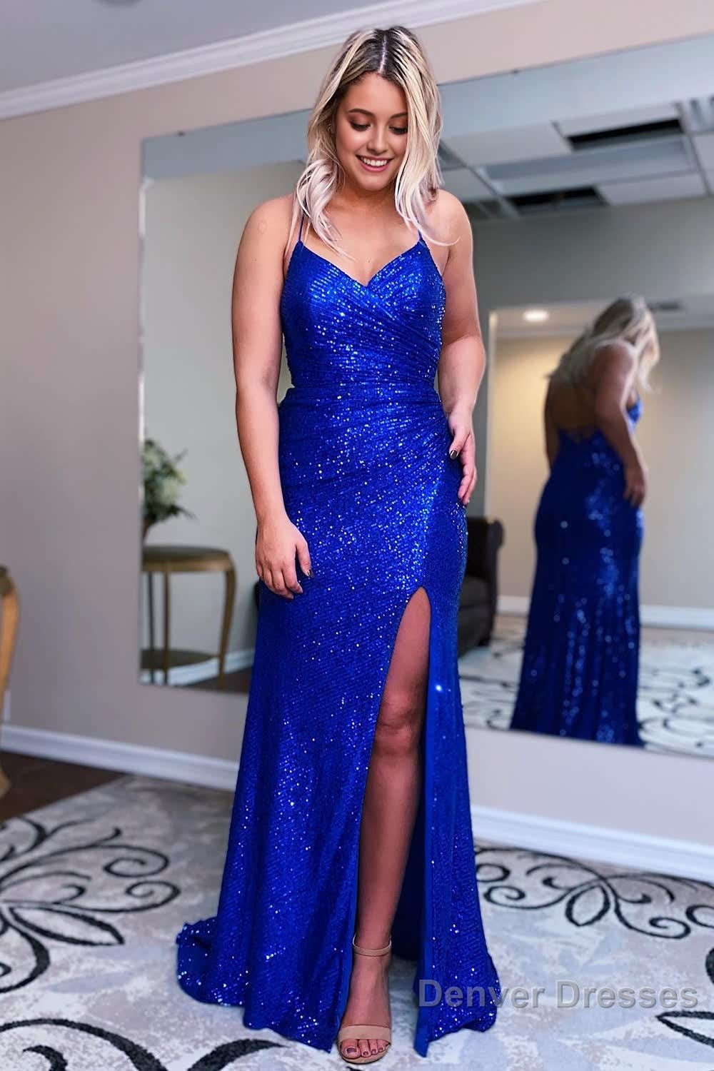 Sparkly Royal Blue Mermaid Sequins Long Prom Dress with Slit Main image