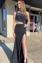 Sparkly Royal Blue One Shoulder Sheath Long Prom Dress with Slit