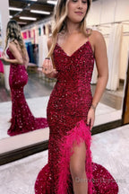 Sparkly Royal Blue Sequins Long Mermaid Prom Dress with Feathers