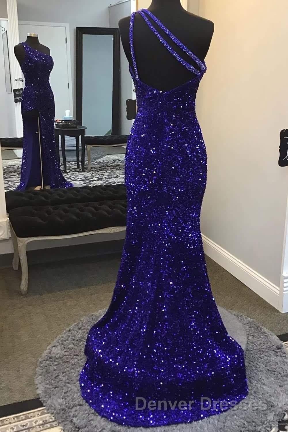 Sparkly Royal Blue Sequins One Shoulder Long Prom Secondary image