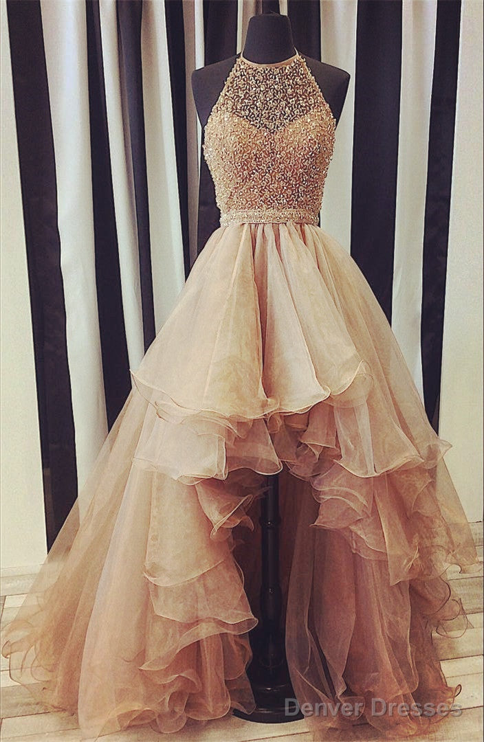 Sparkly Sequin Beaded Halter Organza Layered Prom Dresses Front Short Long Back