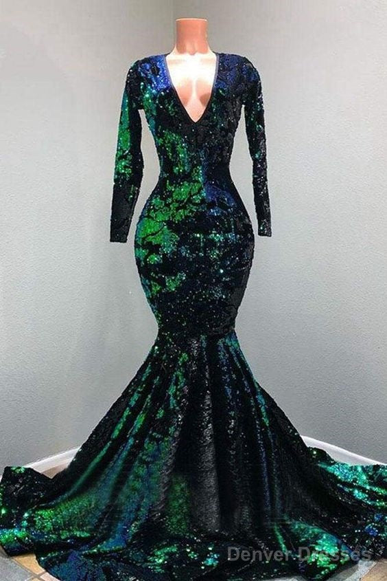 Sparkly Sequin Long Sleeve V-Neck Mermaid Prom Dresses