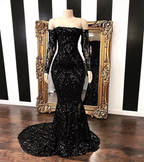 Sparkly Sequined Mermaid Prom Dress Royal Blue Long Sleeve Graduation Formal Dress Evening Gowns
