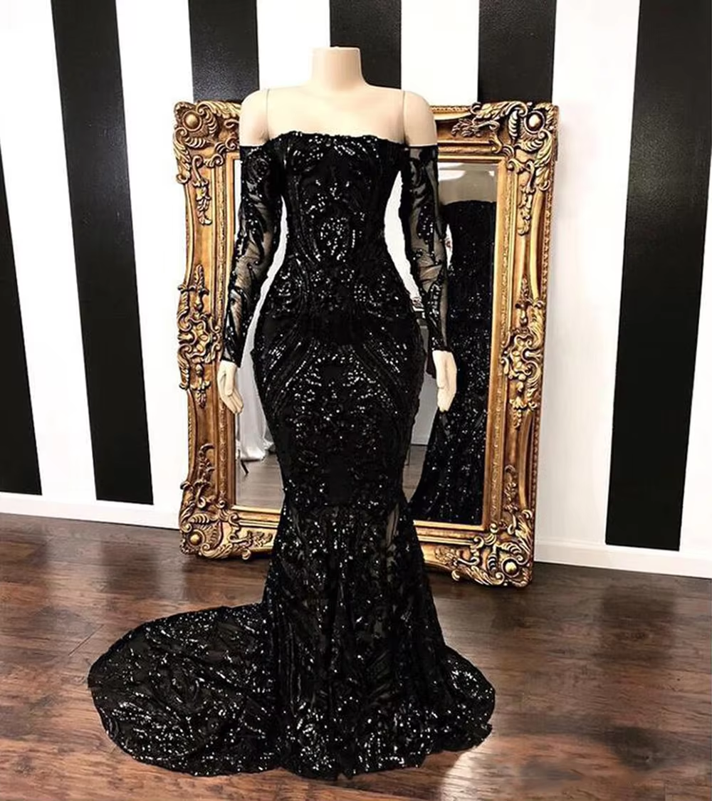 Sparkly Sequined Mermaid Prom Dress Royal Blue Long Sleeve Graduation Formal Dress Evening Gowns