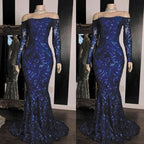 Sparkly Sequined Mermaid Prom Dress Royal Blue Long Sleeve Graduation Formal Dress Evening Gowns