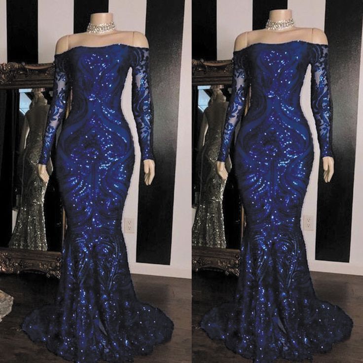 Sparkly Sequined Mermaid Prom Dress Royal Blue Long Sleeve Graduation Formal Dress Evening Gowns