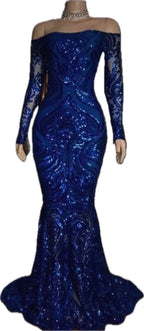 Sparkly Sequined Mermaid Prom Dress Royal Blue Long Sleeve Graduation Formal Dress Evening Gowns