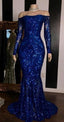 Sparkly Sequined Mermaid Prom Dress Royal Blue Long Sleeve Graduation Formal Dress Evening Gowns