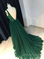 Sparkly Sequins Beaded V-Neck Tulle Open Back Evening Dress