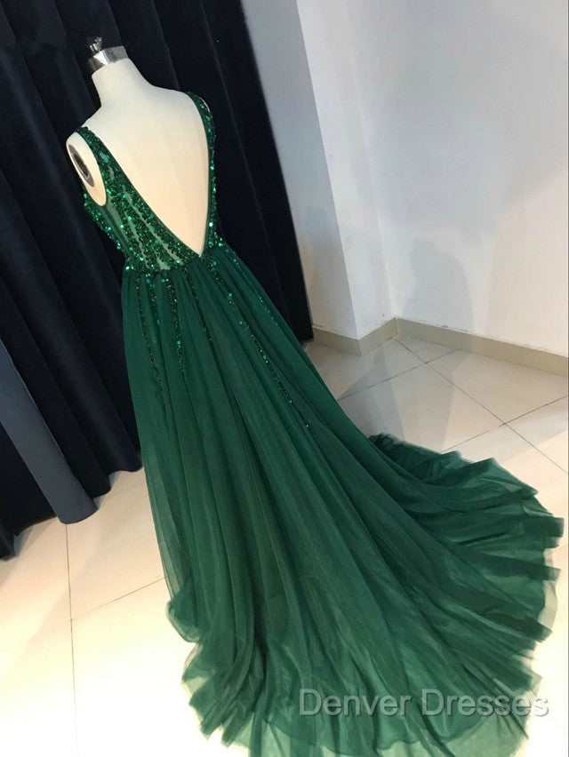 Sparkly Sequins Beaded V-Neck Tulle Open Back Evening Dress