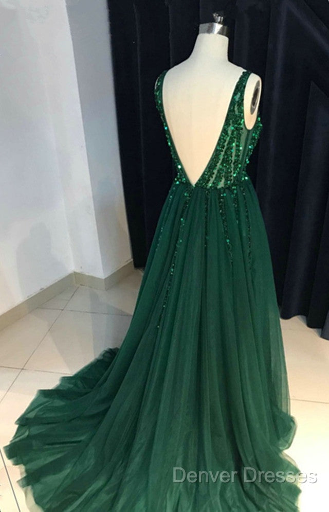 Sparkly Sequins Beaded V-Neck Tulle Open Back Evening Dress