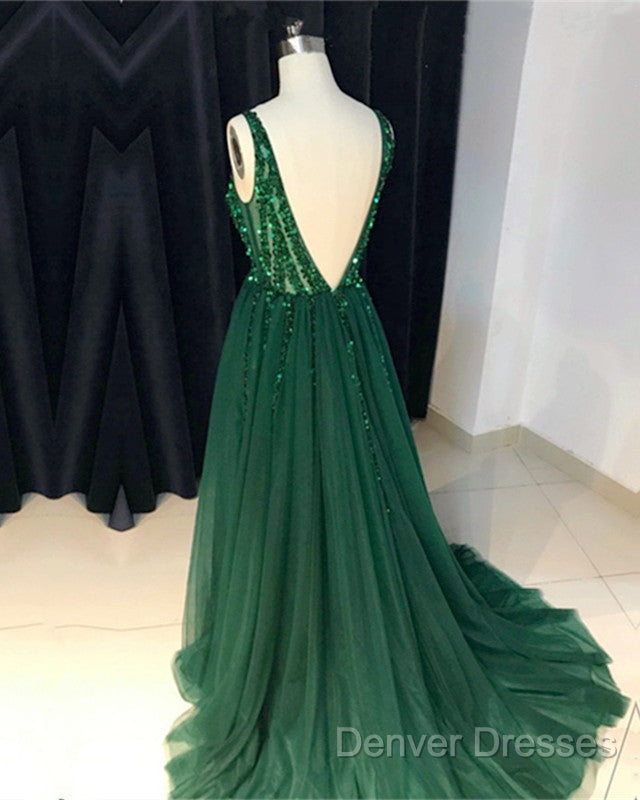 Sparkly Sequins Beaded V-Neck Tulle Open Back Evening Dress
