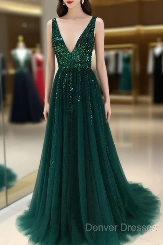 Sparkly Sequins Beaded V-Neck Tulle Open Back Evening Dress Main image