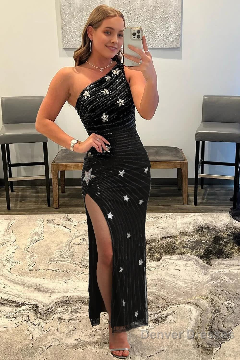 Sparkly Sequins Black One Shoulder Long Prom Dress with Stars Main image