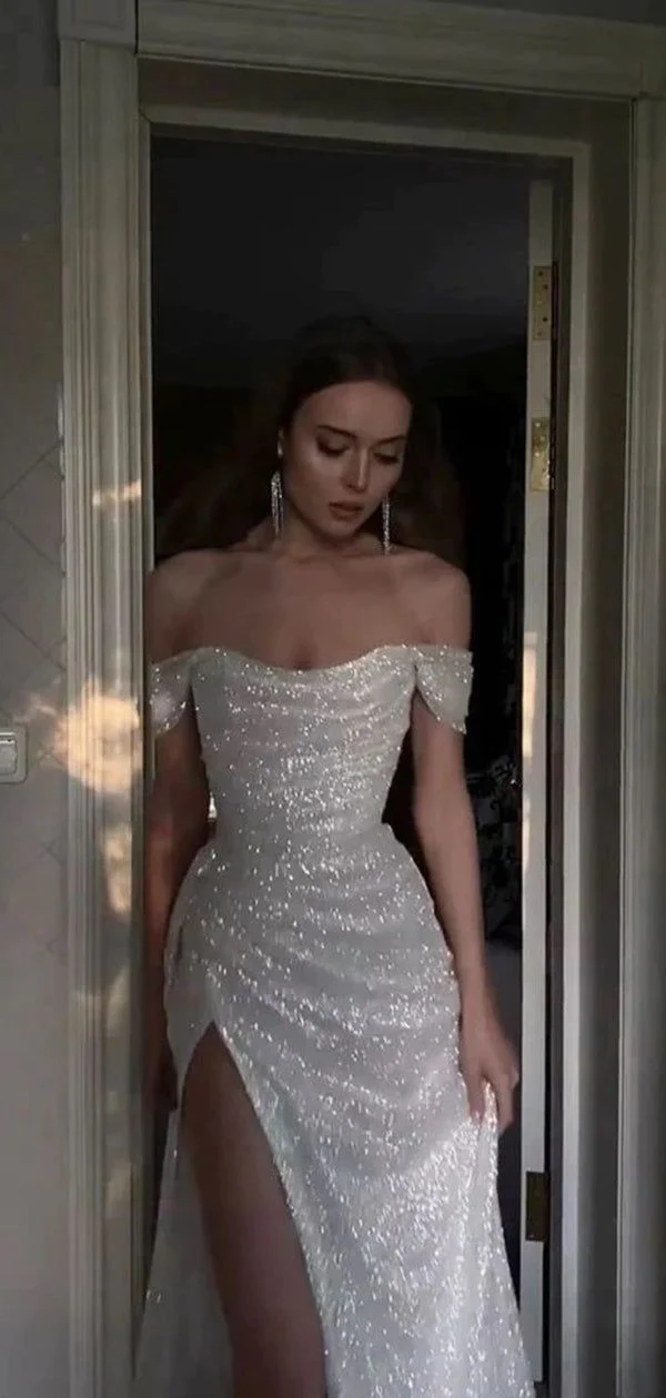 Sparkly Sequins Off Shoulder Side Slit Prom Dress