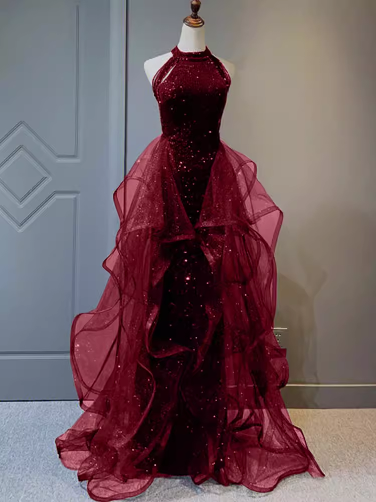 Sparkly Sheath Burgundy Sequin Long Prom Dress Party Dress