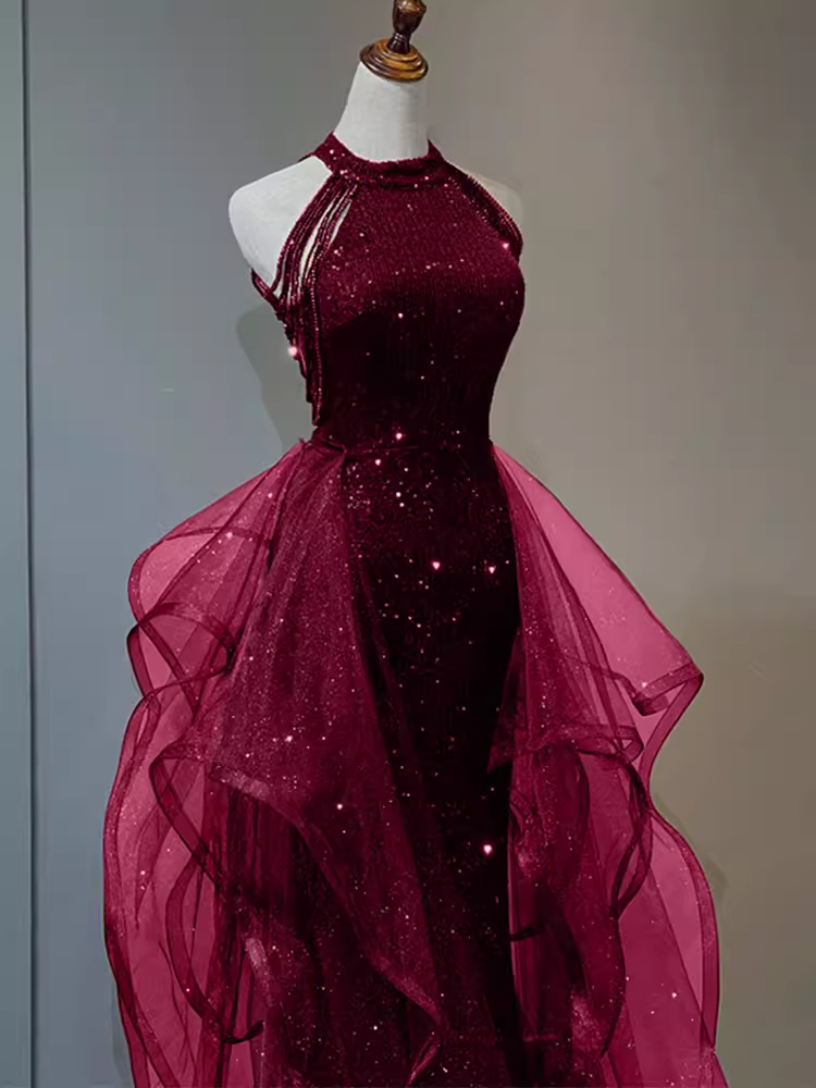 Sparkly Sheath Burgundy Sequin Long Prom Dress Party Dress