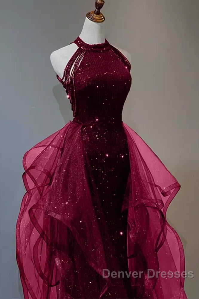 Sparkly Sheath Burgundy Sequin Long Prom Dress Party Dress