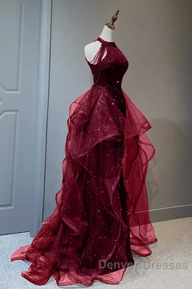 Sparkly Sheath Burgundy Sequin Long Prom Dress Party Dress