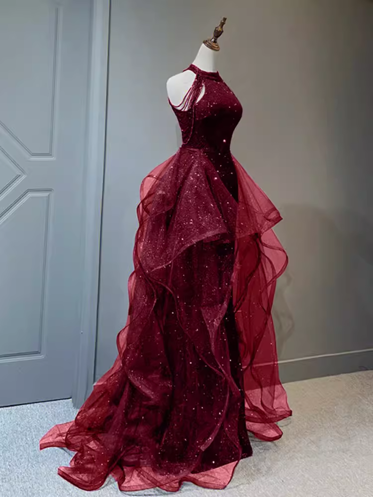 Sparkly Sheath Burgundy Sequin Long Prom Dress Party Dress