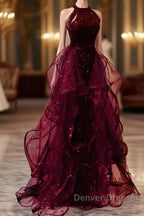 Sparkly Sheath Burgundy Sequin Long Prom Dress Party Dress