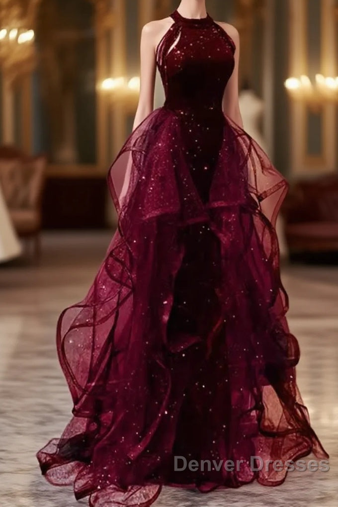 Sparkly Sheath Burgundy Sequin Long Prom Dress Party Dress