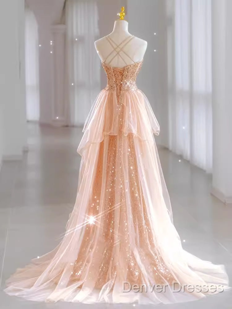 Sparkly Sheath Champagne Sequin Long Prom Dress Party Dress
