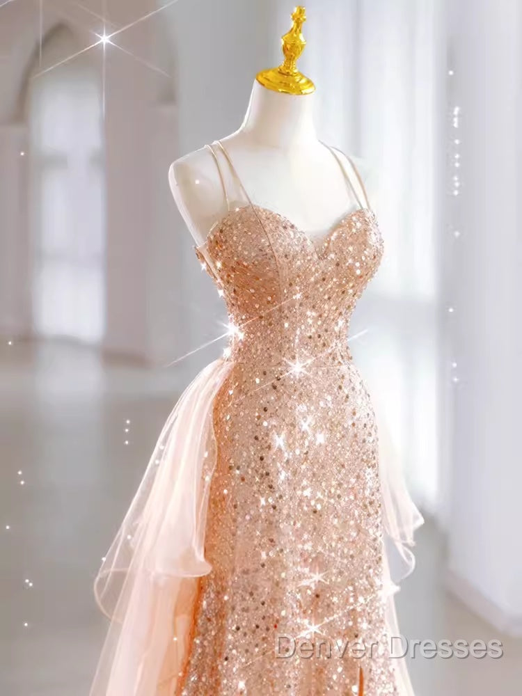 Sparkly Sheath Champagne Sequin Long Prom Dress Party Dress
