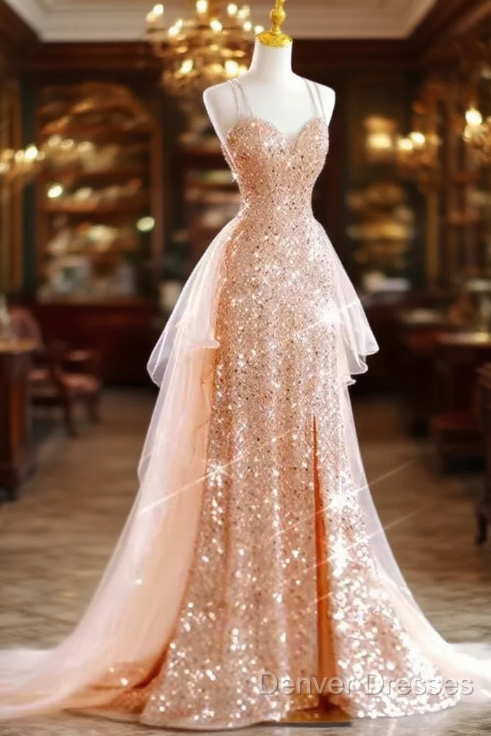 Sparkly Sheath Champagne Sequin Long Prom Dress Party Dress