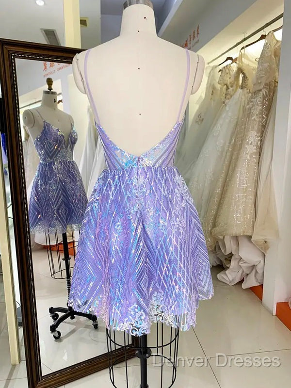 Sparkly Spaghetti Straps V-Neck Sequin Short Purple Homecoming Dress Online, Secondary image
